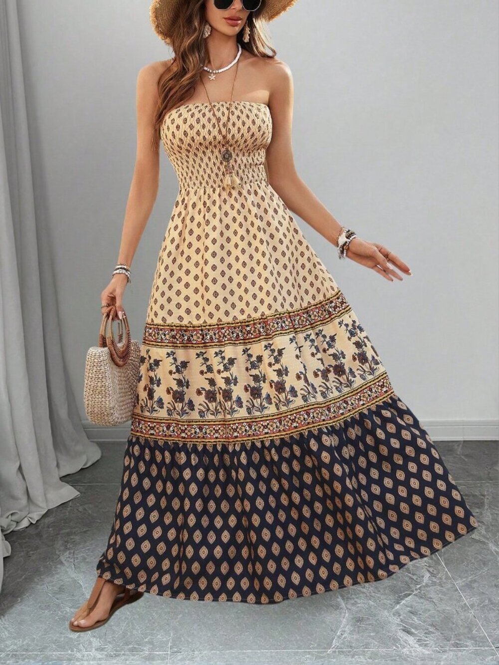 Multicolor Boho Women's Maxi Tube Dress - Picture 1 of 8